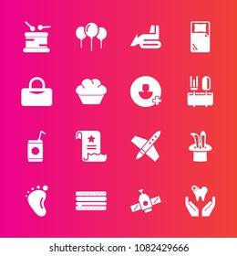 Premium set with fill vector icons. Such as machinery, orbit, child, technology, sound, station, health, liquid, healthy, craft, drink, burger, dentist, instrument, document, celebration, beverage