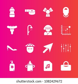 Premium set with fill vector icons. Such as music, bath, adhesive, japanese, water, asian, food, dinner, shoe, japan, shower, map, sport, sound, fun, cursor, drink, web, sticky, people, note, meat