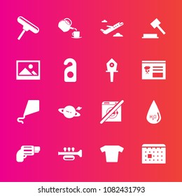 Premium set with fill vector icons. Such as astronomy, planet, timetable, sound, pistol, handgun, time, cup, plane, justice, summer, kite, firearm, calendar, flight, fun, saturn, joy, weapon, space