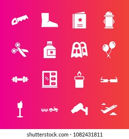 Premium set with fill vector icons. Such as departure, tool, sign, restaurant, wine, favorite, plane, saw, interior, travel, fire, modern, cut, camera, fitness, decoration, construction, hydrant, work