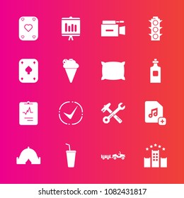 Premium set with fill vector icons. Such as juice, heart, camera, report, shipping, tool, sign, tent, play, sweet, light, traffic, bed, cold, truck, music, green, medical, film, hammer, camp, add