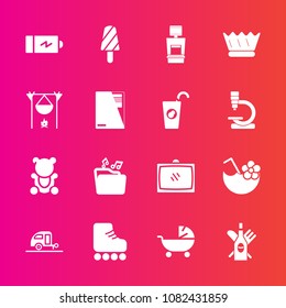 Premium set with fill vector icons. Such as xray, food, vacation, file, pram, energy, tv, entertainment, fluffy, skating, journey, travel, skate, baby, ice, kid, machine, toy, cocktail, power, bear