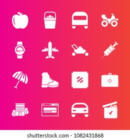 Premium set with fill vector icons. Such as watch, food, boot, estate, medical, building, object, vehicle, postage, weather, bucket, business, protection, house, fresh, parasol, bear, apple, mail, web