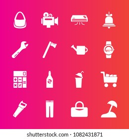 Premium set with fill vector icons. Such as bag, business, gardening, spanner, cart, film, bell, white, liquid, trousers, notification, pants, clothes, conditioner, calculator, air, island, clothing