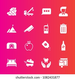 Premium set with fill vector icons. Such as world, bedroom, fireplace, beverage, equipment, drink, trailer, dental, heater, male, apple, travel, boy, warm, accident, dentist, powder, chat, truck, map