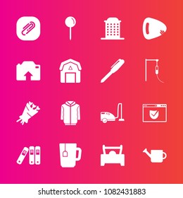 Premium set with fill vector icons. Such as cup, folder, domestic, car, barn, security, floral, clip, file, website, check, can, equipment, bouquet, architecture, housework, vacuum, drink, musical