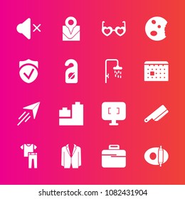 Premium set with fill vector icons. Such as paper, suit, screen, fly, doughnut, sound, table, glasses, sunglasses, cake, computer, sweet, check, toy, mute, collection, cooking, plane, style, dessert