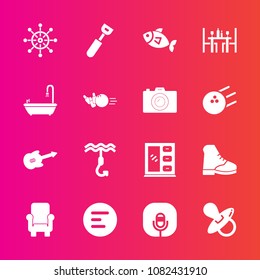 Premium set with fill vector icons. Such as microphone, sign, food, cabinet, rudder, kid, spoon, toilet, bathroom, sport, menu, restaurant, infant, fish, seafood, furniture, app, bowling, musical, sea