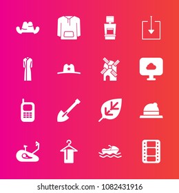 Premium set with fill vector icons. Such as boat, clothing, sign, tree, download, communication, hanger, style, scan, machine, west, telephone, fashion, natural, ship, movie, bike, tool, old, video