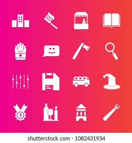 Premium set with fill vector icons. Such as smile, award, glass, health, equality, care, market, winner, clean, book, face, hat, bed, french, hygiene, literature, potato, education, spoon, road, fork