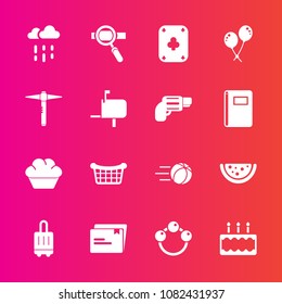 Premium set with fill vector icons. Such as paper, water, child, dessert, cake, pie, technology, ball, celebration, food, doughnut, baggage, rattle, basket, store, luggage, research, laptop, game, bag