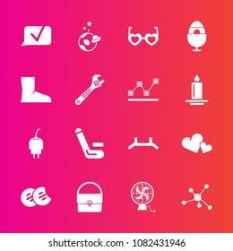 Premium set with fill vector icons. Such as dessert, fan, easter, cable, molecule, atom, fashion, decoration, technology, bag, up, cricket, energy, spaceship, cookie, holiday, match, glasses, power