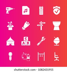 Premium set with fill vector icons. Such as bouquet, sign, spanner, kid, toy, exercise, comfortable, karaoke, tent, interior, reminder, play, blossom, hammer, check, machine, home, voice, floral, note