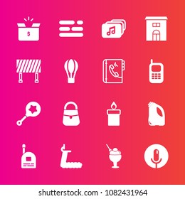 Premium set with fill vector icons. Such as cream, package, voice, layout, sport, file, microphone, pack, communication, baby, wax, infant, toy, treadmill, fire, table, food, fun, record, child, sign