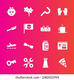 Premium set with fill vector icons. Such as reparation, tool, fork, king, knife, gift, childhood, glove, child, cherry, jam, japan, glass, jar, bow, piece, restaurant, airplane, cute, harvesting, kid