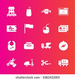 Premium set with fill vector icons. Such as baby, transport, musical, leather, music, map, cheese, food, equipment, ride, fashion, industry, bike, online, helmet, houseboat, cooking, style, infant