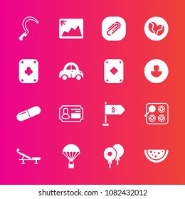 Premium set with fill vector icons. Such as birthday, decoration, cook, card, tool, sickle, parachuting, celebration, poker, fitness, caffeine, agriculture, kitchen, id, watermelon, sky, paperclip