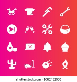 Premium set with fill vector icons. Such as sake, bowling, repair, fireplace, ball, pie, cuisine, clothes, sport, bell, call, shirt, chat, domestic, equipment, reparation, fun, closed, bonfire, desert