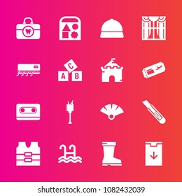 Premium set with fill vector icons. Such as hygiene, sign, cassette, audio, window, vest, download, footwear, clothing, safety, pool, japanese, interior, bucket, light, hat, tape, drink, toy, alcohol