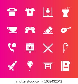 Premium set with fill vector icons. Such as headset, samurai, rocket, travel, launch, drink, phone, chemistry, torii, directory, shrine, call, hat, kid, document, bathroom, weapon, support, clothes
