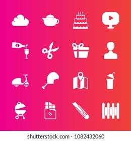 Premium set with fill vector icons. Such as protection, ride, cake, glass, map, gift, sweet, grill, video, barbecue, dessert, wine, bike, red, cup, location, beverage, travel, drink, breakfast, sport