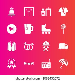 Premium set with fill vector icons. Such as suit, entrance, award, alert, machine, business, service, romance, door, background, media, first, diamond, wedding, fashion, happy, handle, achievement
