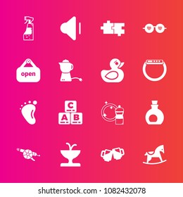 Premium set with fill vector icons. Such as play, bottle, hippie, foot, fashion, beer, fountain, military, newborn, alcohol, cute, audio, mediterranean, broom, child, olive, gun, healthy, drink, up