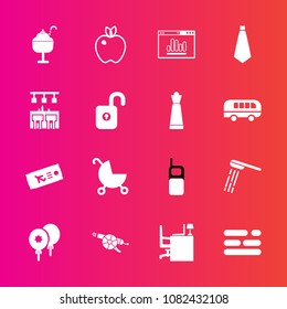 Premium set with fill vector icons. Such as bathroom, sweet, phone, table, telephone, template, tie, birthday, office, travel, organic, child, decoration, weapon, stroller, dessert, pram, war, apple
