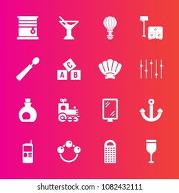 Premium set with fill vector icons. Such as cooking, sign, toy, locomotive, glass, telephone, olive, travel, cell, rattle, baby, grater, transport, wine, mediterranean, parachuting, room, home, summer