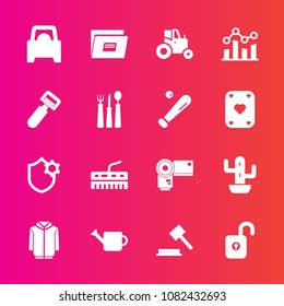 Premium set with fill vector icons. Such as document, photographer, finance, tool, business, protection, vegetable, graph, internet, photography, jacket, justice, camera, peeler, file, paper, keyboard
