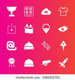 Premium set with fill vector icons. Such as clothes, launch, meat, rocket, location, gun, barbecue, work, clothing, candle, bbq, download, oven, communication, cannon, envelope, hat, cooking, gas, kid