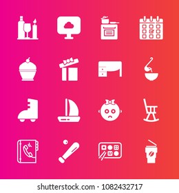 Premium set with fill vector icons. Such as cooking, gift, cake, baby, restaurant, day, equipment, coffee, oven, league, roller, wine, calendar, ship, pie, book, cloud, cute, schedule, sweet, alcohol