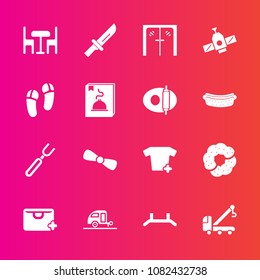 Premium set with fill vector icons. Such as dinner, bag, planet, handle, up, door, orbit, doughnut, clothes, caravan, journey, clothing, knife, space, furniture, table, gift, station, car, tow, shirt