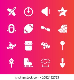 Premium set with fill vector icons. Such as sign, sound, baby, ship, spring, tool, station, work, honey, travel, bird, volume, power, music, drop, skating, craft, winter, clothing, food, glass, nest