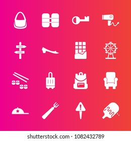 Premium set with fill vector icons. Such as sushi, hair, ice, sweet, mark, seafood, dessert, blow, dryer, danger, headwear, oxygen, fashion, airport, hat, baggage, food, fork, school, bag, cylinder