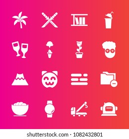 Premium set with fill vector icons. Such as tropical, bowl, japanese, asian, astronaut, white, gadget, nature, vehicle, landscape, empty, food, space, library, kitty, weapon, katana, leaf, sword, file