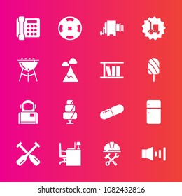 Premium set with fill vector icons. Such as table, space, delivery, cooking, refrigerator, foreman, money, volume, fridge, doughnut, food, barbecue, builder, canoe, work, office, medical, astronaut