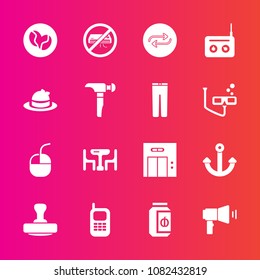 Premium set with fill vector icons. Such as internet, media, headwear, device, sound, family, phone, communication, office, change, food, anchor, jam, clothing, modern, fashion, home, old, radio, mark