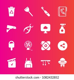 Premium set with fill vector icons. Such as internet, book, waste, apron, safety, pinafore, technology, recycling, uniform, ball, ufo, security, surveillance, brush, icecream, air, hygiene, recycle