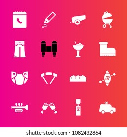 Premium set with fill vector icons. Such as food, alcohol, internet, healthy, care, cannon, toy, gallon, wine, baby, infant, sailboat, music, sky, gun, travel, stationery, diaper, jump, drink, play
