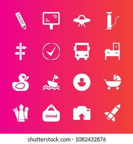 Premium set with fill vector icons. Such as baby, spaceship, shop, way, banner, bus, play, arrow, king, pencil, check, child, transportation, rubber, launch, road, stroller, photo, space, direction