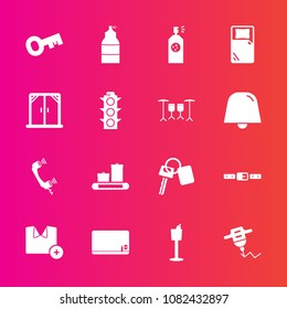 Premium set with fill vector icons. Such as bag, bed, shirt, sign, lamp, drill, belt, car, telephone, light, chalk, travel, fashion, traffic, holder, t-shirt, notification, school, white, vehicle, key