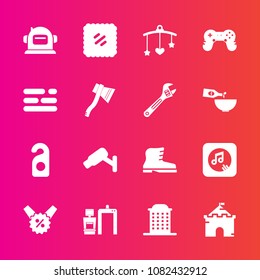 Premium set with fill vector icons. Such as machine, astronaut, scan, mail, motel, building, hotel, stamp, architecture, newborn, sign, safety, space, post, city, toy, medieval, tower, bed, play, xray