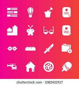Premium set with fill vector icons. Such as play, hippie, estate, mon, dinner, flight, air, fashion, glasses, sandbox, food, newspaper, summer, folder, building, parachute, data, japan, business, news