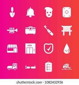 Premium set with fill vector icons. Such as office, retro, journey, game, food, technology, style, transportation, lift, shovel, trumpet, modern, vacation, mark, drop, trailer, drink, fashion, store