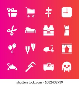 Premium set with fill vector icons. Such as space, equipment, tool, bike, projector, gift, alien, lawn, decoration, box, reparation, flipper, summer, garden, sea, cart, home, repair, time, retail, way