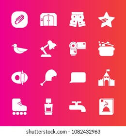Premium set with fill vector icons. Such as wear, table, lamp, meat, sky, crane, sign, pan, photo, skating, castle, clip, nature, white, elevator, bird, speech, scan, fun, building, water, talk, xray