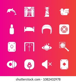 Premium set with fill vector icons. Such as bird, search, magnifier, curtain, pan, earth, beacon, home, interior, ocean, dolphin, play, window, space, mute, cone, nature, volume, handle, white, sky