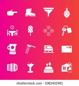 Premium set with fill vector icons. Such as alcohol, housework, drink, conditioner, bathroom, hygiene, water, air, shower, transport, mixer, cleaner, cooking, dessert, pot, internet, food, cocktail