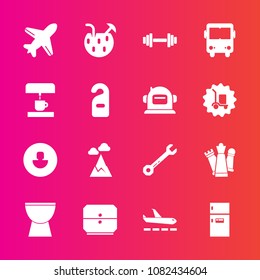 Premium set with fill vector icons. Such as food, chess, wrench, kitchen, mountain, gym, glass, blue, sky, summer, travel, musical, plane, transportation, airplane, human, king, hammer, juice, fridge